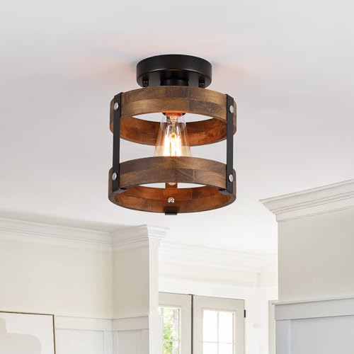 Rustic Farmhouse Wood Flush Mount Ceiling Light Fixture Oak Wood and Metal Round Cage Small Semi Flush Mount Ceiling Light for Kitchen Hallway Entry Bedroom Country Farmhouse