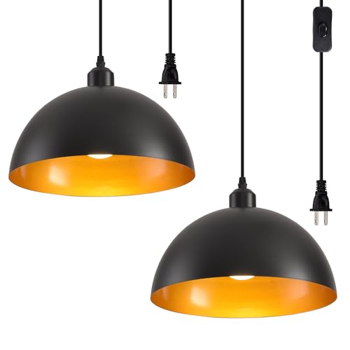 Plug in Pendant Light 2 Pack Industrial Hanging Lamp with Golden Finish Inside Black Vintage Pendant Lighting Fixtures with 15ft Cord On (2 Count)