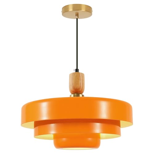 Orange Pendant Light with Wooden Dome