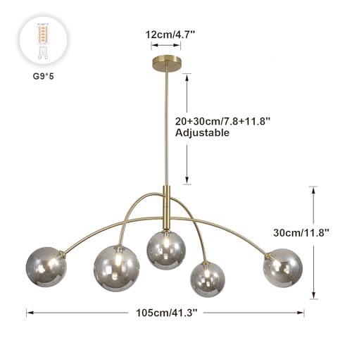 Modern Gold Chandelier 5 Light Smoke Gray Semi Flush Mount Chandelier Vintage Industrial Ceiling Light Dining Room Chandelier for Kitchen Bedroom Hallway