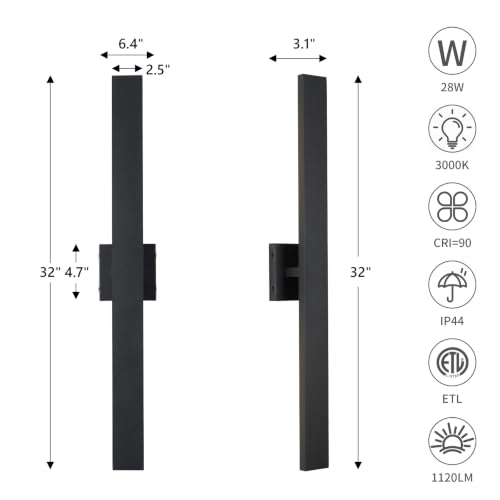 Aluminum 32 Inch Modern Wall Sconces Set of 2 LED 26W Black Sconce (2 Count)