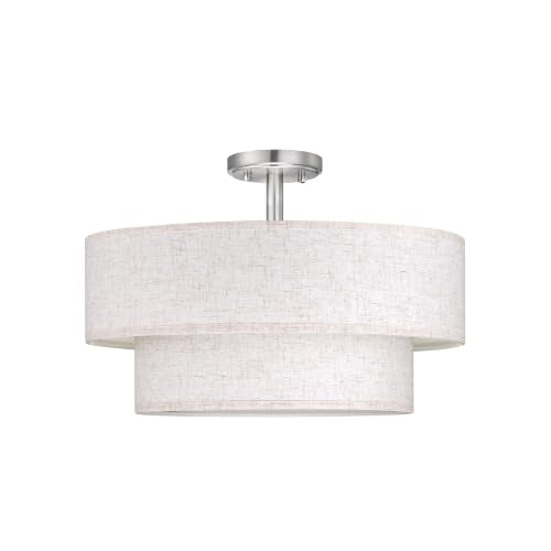 2 Tier 18" Cream Drum Fabric 4 Light Brushed Nickel Semi Flush Mount Ceiling Light for Living Room Dining Room Bedroom Hallway