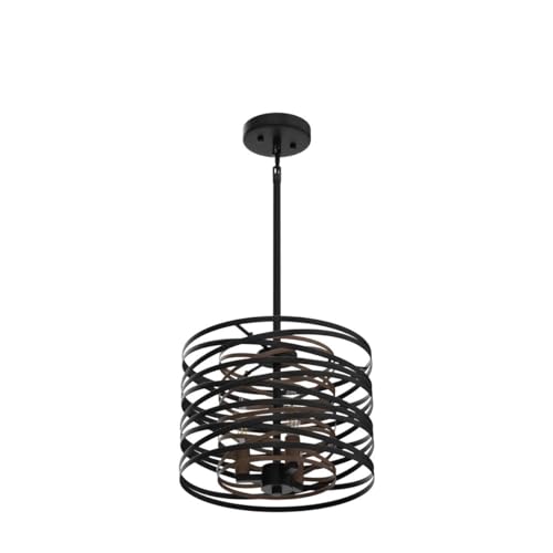 12.6'' Farmhouse Chandeliers for Dining Room, 3-Light Industrial Metal Hanging Light Fixture, Rustic Drum Pendant Light for Entryway Kitchen Foyer Bedroom, Black with Retro Wood Texture Interior
