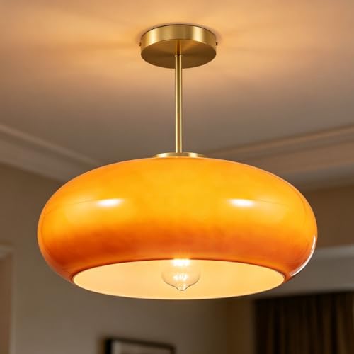 Large Glass Semi Flush Mount Ceiling Light 15.7″Dome Orange Shade