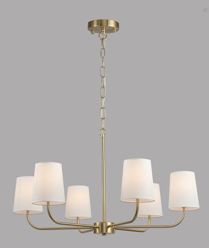6-Light Brushed Gold Pendant Chandelier with White Linen Shades, E12 Base - Farmhouse & Industrial Style for Kitchen, Living Room, Dining Room, or Bedroom Lighting