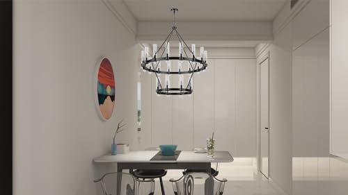 48 Inch Black Wagon Wheel Chandelier 2 Tier with Glass Shade