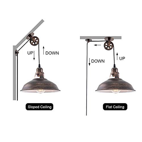 Plug in Pendant Light Industrial Pulley Pendant Lamp E26 Vintage Hanging Light Fixture With 16.4ft Cord On (2 Count)