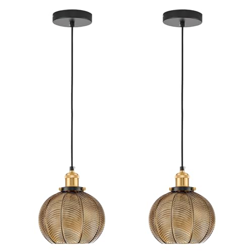 Vintage Amber Ribbed Glass Pendant Lights for Kitchen Island 2 Pack