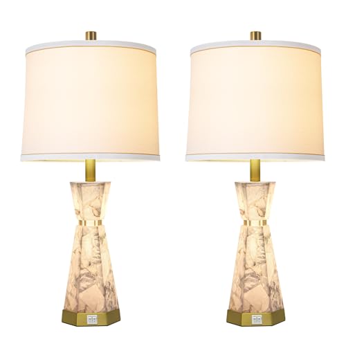 27" Modern Alabaster Table Lamp Set of 2 with Night Light (2 Count)