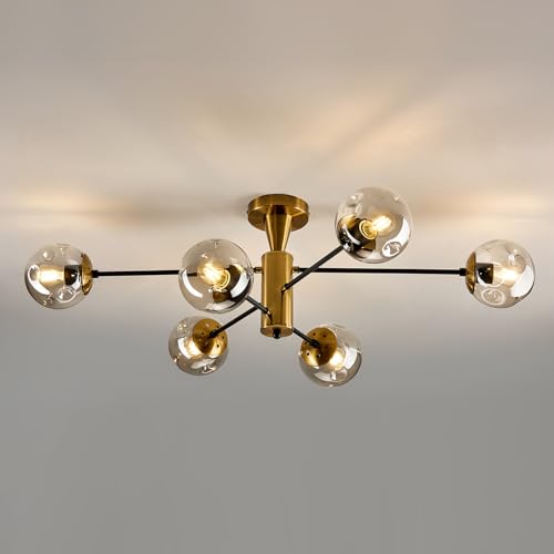 6 Light Gold Sputnik Chandelier Modern Semi Flush Mount Ceiling Light with Glass Globe Shade Mid Century Ceiling Lighting for Dining Room Living Room Kitchen Farmhouse Bedroom