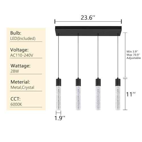 4-Lights Mini Modern Crystal Chandeliers for Kitchen Island Pendants Lighting Fixture LED Ceiling Light for Dining Room Bedroom Foyer 6000K