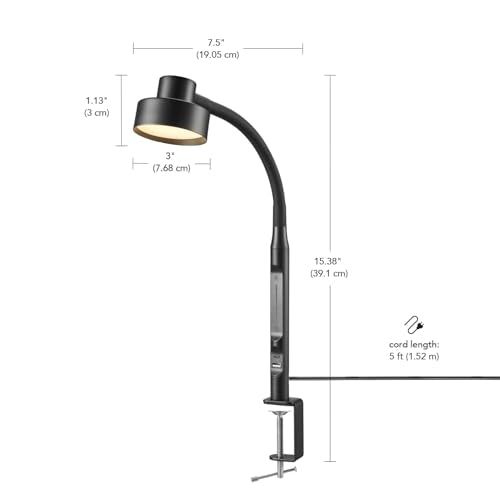 15" LED Integrated Matte Black Clamp Desk Lamp with Adjustable Silicone Gooseneck