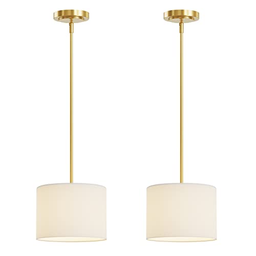 9" Dia White Linen Drum Shade Hanging Pendant Light Fixture with Polished Gold Pole Kit (2 Count)