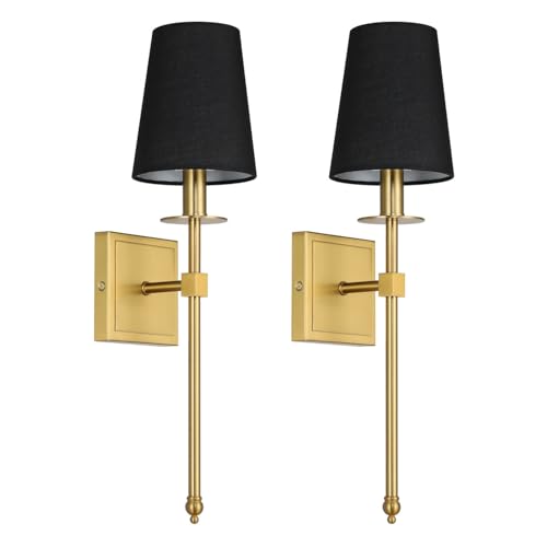 Modern Brass Wall Sconces Set of 2 Black Shade for Bedroom