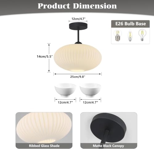 Large Milk Glass Ceiling Light Mid Century Modern Semi Flush Mount Ceiling Light Fixture Farmhouse Black Ceiling Lights for Closet Hallway Bathroom
