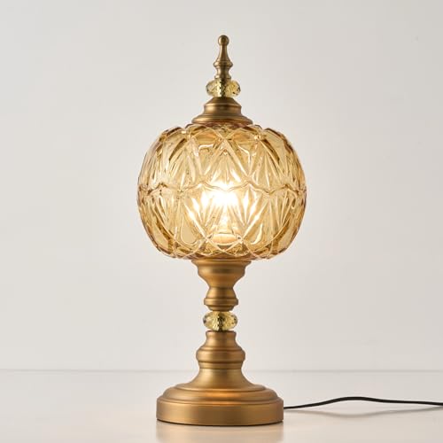 Vintage Amber Glass Table Lamps Brass Metal Desk Lamp Lampshade 8.3inch Table Light with Plug Switch for Bedroom Living Room Dressing Room