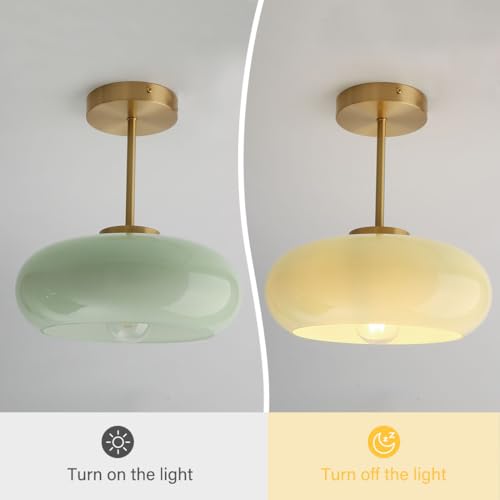 Milk Glass Ceiling Light Semi Flush Mount Ceiling Lights fixtures with Milk Green Glass Shade Mid Century Modern Flush Mount Lighting Gold Brass Close to Lamp for Hallway Kitchen Sink