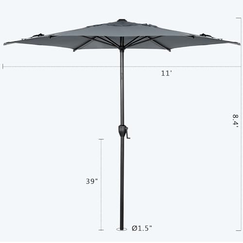 11FT Lyon Outdoor Patio Umbrella Outdoor Table Umbrella with Push Button Tilt and Crank Market Umbrella 8 Sturdy Ribs UV Protection Waterproof for Garden Deck Backyard Pool Grey