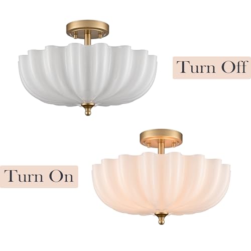 Modern Gold Semi Flush Mount Ceiling Light with Milky Flower Glass