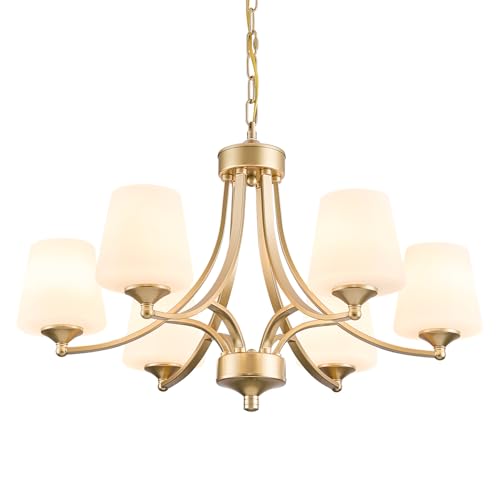 6 Light Modern Gold Chandeliers for Dining Room 47.2'' Adjustable Height Farmhouse Pendant Light with Frosted Glass Shades