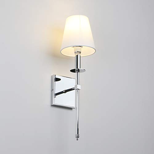 Set of 2 Classic Rustic Industrial Wall Sconce Lighting Fixture with Flared White Textile Lamp Shade and Chrome Tapered Column Stand (2 Count)