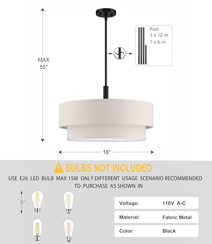 4 Light 18 Inch Cream Fabric Shade Hanging Pendant Ceiling Light Fixture
