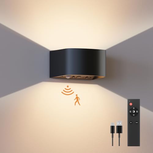 Motion Sensor Wall Lights with Remote Control 3 Colors Wireless Wall Lamp LED Indoor Up Down Wall Sconces 5000mAh Rechargeable Battery Powered Wall Lamps Brightness Adjustable