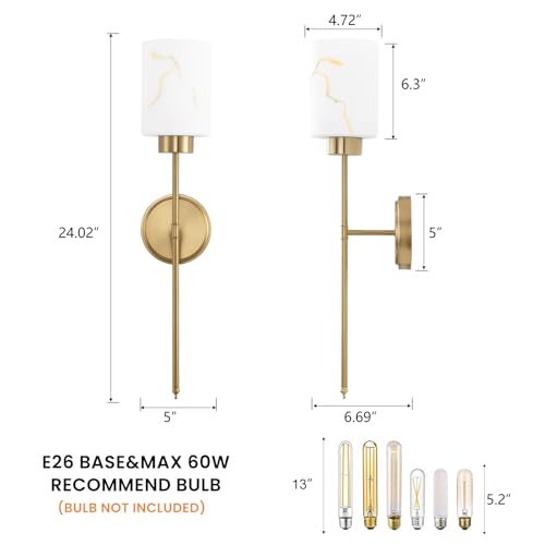 Gold Wall Sconces Set of 2 with Marble Glass Shade