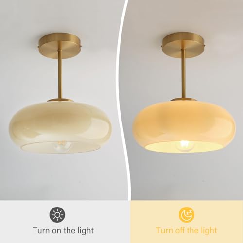 Mid Century Ceiling Light Fixtures Milk Glass Ceiling Lights Round Milk Yellow Shade Gold Brass Semi Flush Mount Ceiling Light Globe Glass Ceiling Lamp for Hallway Dining Room Kitchen