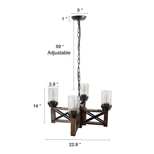 Wood Farmhouse Rustic Chandelier 4 Lights with Glass Shades