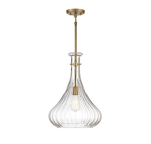 7-2265-1-322 Bristo Industrial Clear Fluted Glass Pendant, 1-Light 60 Watt, 20" H x 14" W, Warm Brass
