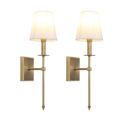 Set of 2 Classic Rustic Industrial Wall Sconce Lighting Fixture with Flared White Textile Lamp Shade and Antique Brass Tapered Column Stand (2 Count)