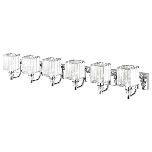 Crystal Vanity Light 6 Light 48''Modern Chrome Bathroom Vanity Lighting Over Long Mirror Crystal Bathroom Wall Lighting Fixtures