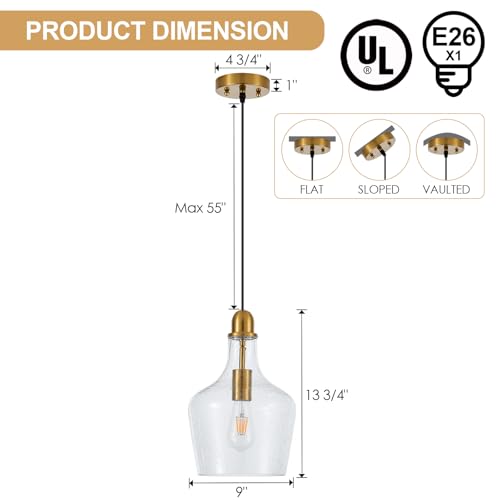 9” Seeded Glass Pendant Light Modern Brass 1 Light Single Dome Bubble Pendant Lighting Fixtures for Kitchen Island Dining Room Hallway