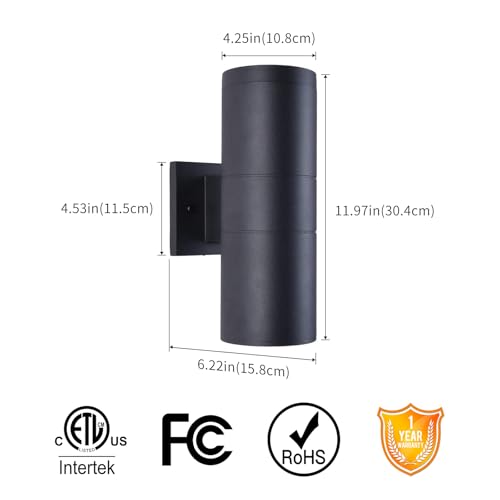 Modern Outdoor Porch Light Patio Light in 2 Lights with Matte Black Aluminum Cylinder and Tempered Glass Cover Waterproof Wall Sconce 6 Pack (6 Count)