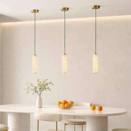 Gold Natural Alabaster Long Tube Kitchen Island Pendant Lights (3 Count)