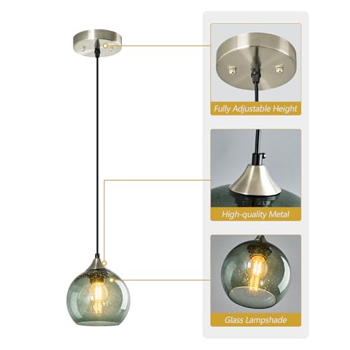 Gray Green Glass Pendant Lights Kitchen Island Lighting Globe Pendant Light Fixtures Modern Pendant Lighting for Kitchen Island Bedroom Living Dining Room Light Fixture (3 Count)