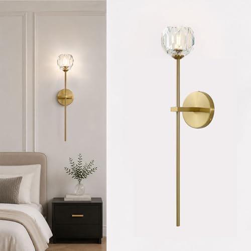 Gold Crystal Wall Sconces Brushed Brass Mid Century Modern Bathroom Sconce