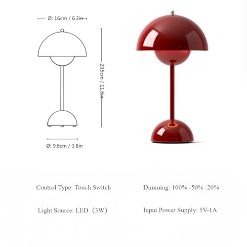 Modern Flower Bud Lamp 12" Cordless Touch Lamp Dimmable 2600mAh Rechargeable Desk Lamp Nordic Minimalist Mushroom Lamp Nightstand Bedside Lamp for Bedroom Living Room