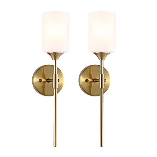 Gold Wall Sconce Set of 2 with White Cylinder Glass Shades Modern Mid Century Bathroom Vanity Wall Light Fixtures Industrial Brushed Brass Wall Lamp for Bedroom Mirror Living Room Restaurant (2 Count)