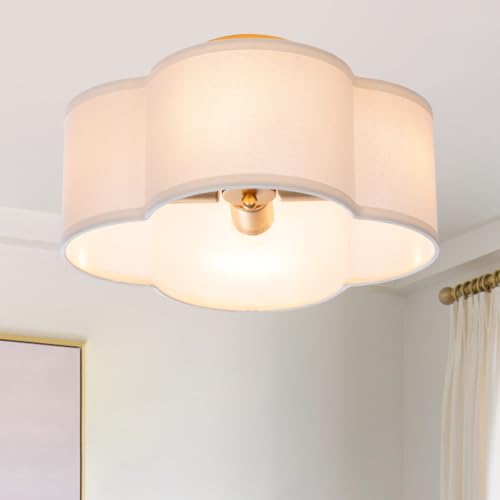 Modern Flush Mount Ceiling Light Fixture Farmhouse White Fabric Semi Ceiling Lamps with Gold 4 Lights Drum Shade for Bedroom Dining Room Entryway Hallway Nursery