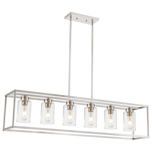 6 Light Brushed Nickel Dining Room Light Fixture Modern Farmhouse Chandelier Linear Hanging Pendant Lighting Rectangle for Kitchen Living Room Adjustable Height with Glass Shade (6 Count)