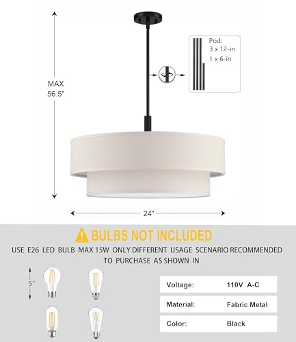 5 Light 24 Inch Cream Fabric Shade Hanging Pendant Ceiling Light Fixture