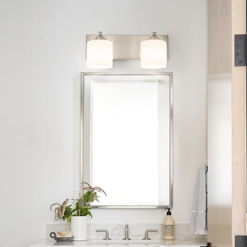 2 Light Brushed Nickel Bathroom Vanity Light with White Glass Shades