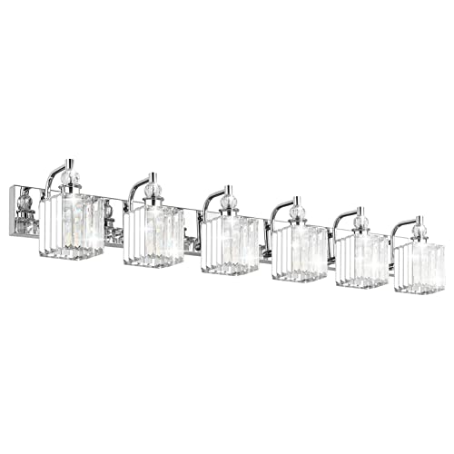Crystal Vanity Light 6 Light 48''Modern Chrome Bathroom Vanity Lighting Over Long Mirror Crystal Bathroom Wall Lighting Fixtures
