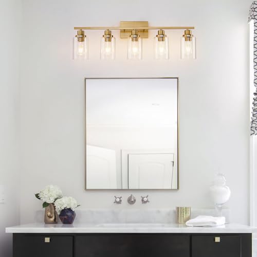5 Light Gold Bathroom Light Fixtures Brushed Brass Vanity Light Over Mirror Modern Wall Lighting Sconces Wall Lamp for Bathroom (5 Count)