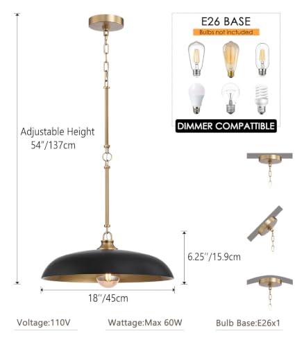 18'' Pendant Light Black Gold Dome E26 Dining Bedroom