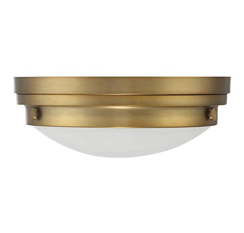 6-3350-14-322 Lucerne Industrial White Glass Flush Mount, 2-Light 120 Total Watts, 5" H x 13" W, Warm Brass