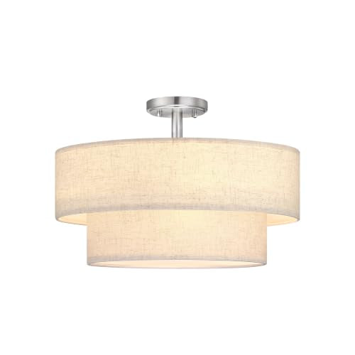 2 Tier 18" Cream Drum Fabric 4 Light Brushed Nickel Semi Flush Mount Ceiling Light for Living Room Dining Room Bedroom Hallway