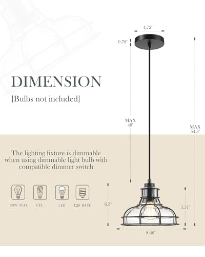 8.7" Industrial Pendant Lights with Glass Shade & Metal Cage